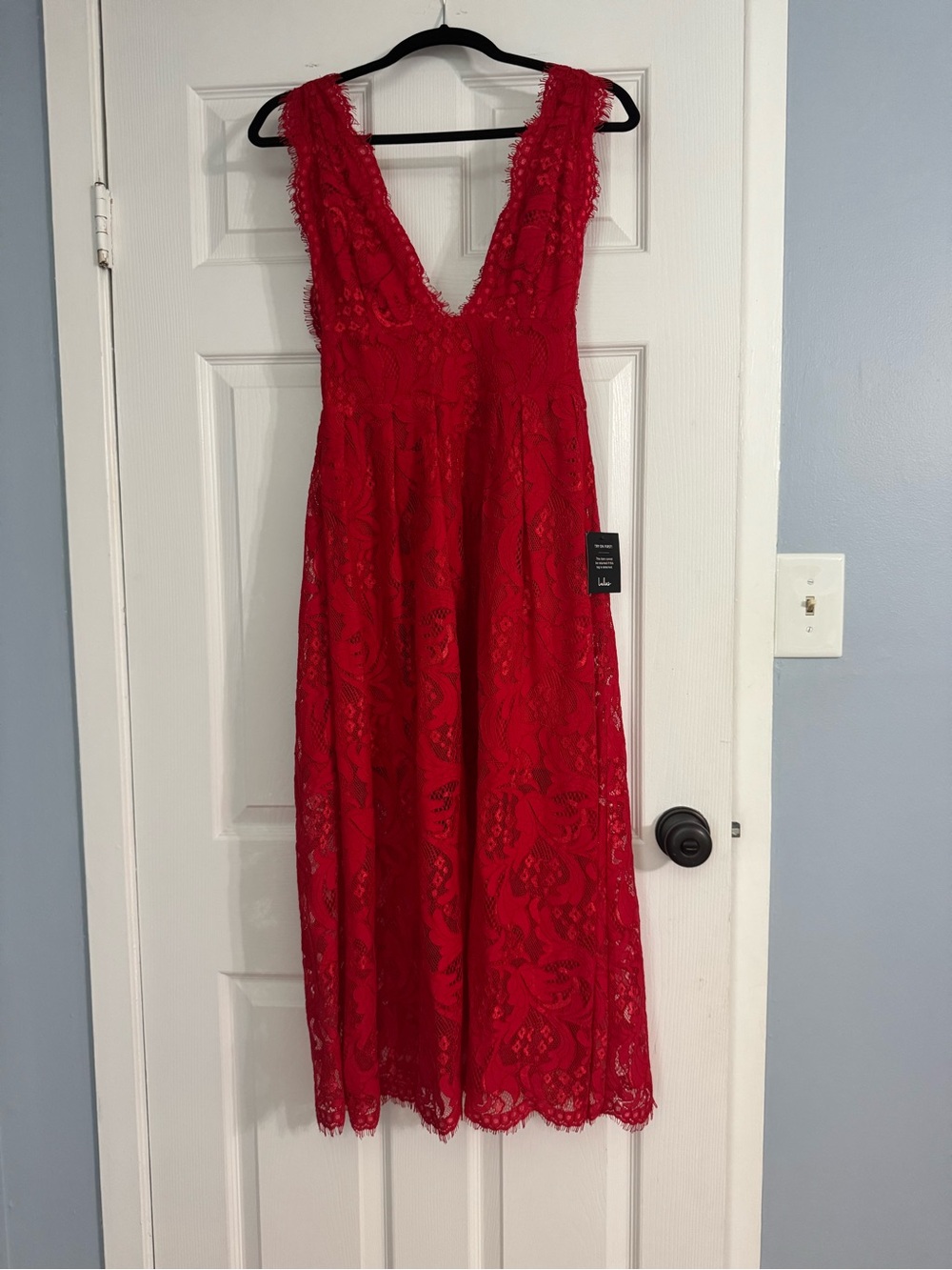 Lulu's Red Lace V-Neck Midi Dress